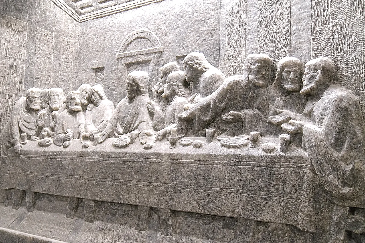 A bas-relief of the Last Supper carved in salt on a wall of St Kinga's Chapel