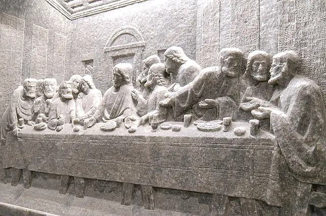 A bas-relief of the Last Supper carved in salt on a wall of St Kinga's Chapel