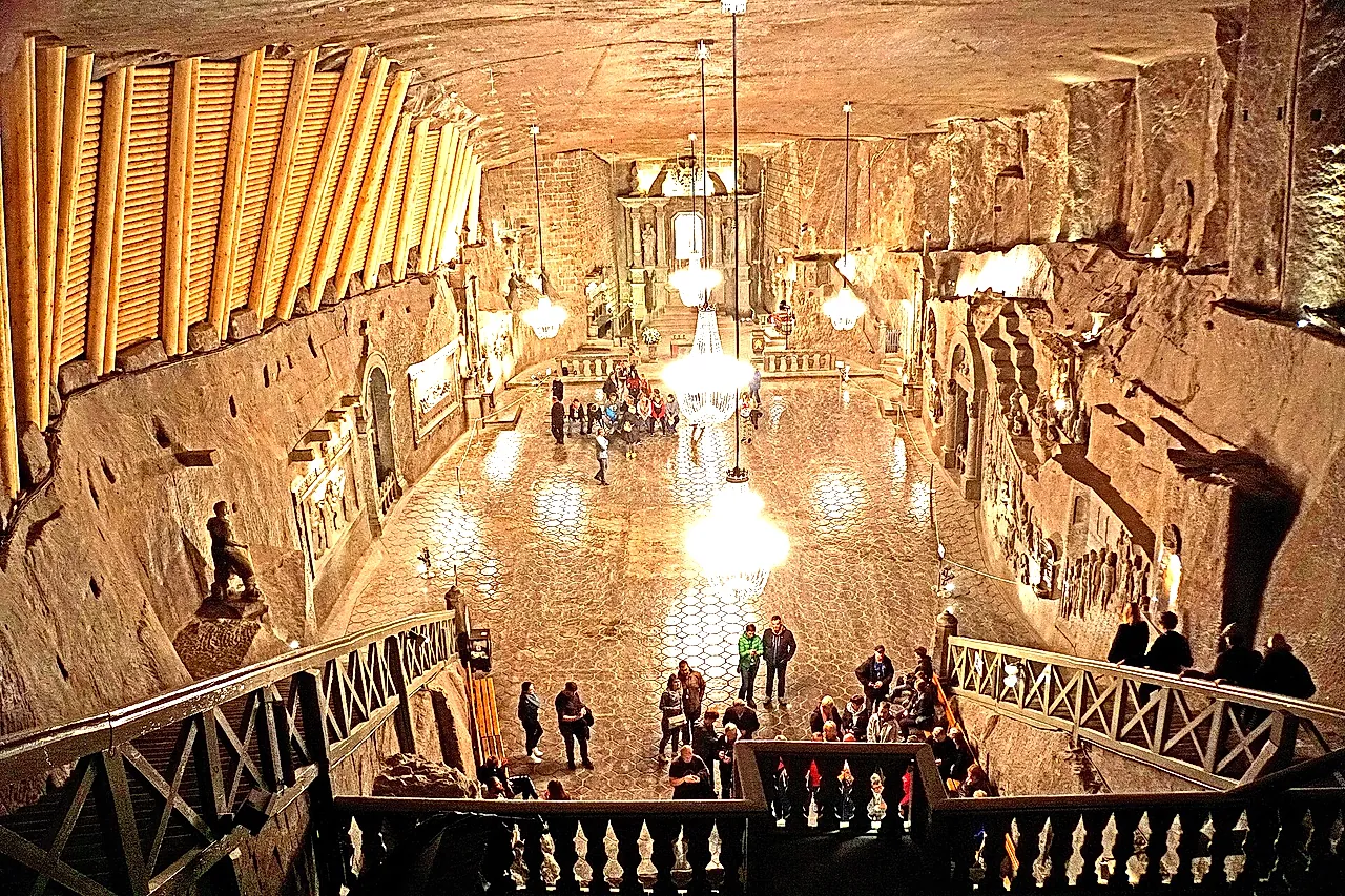 St Kinga's Chapel, carved in salt, with its chandeliers glowing below the vault
