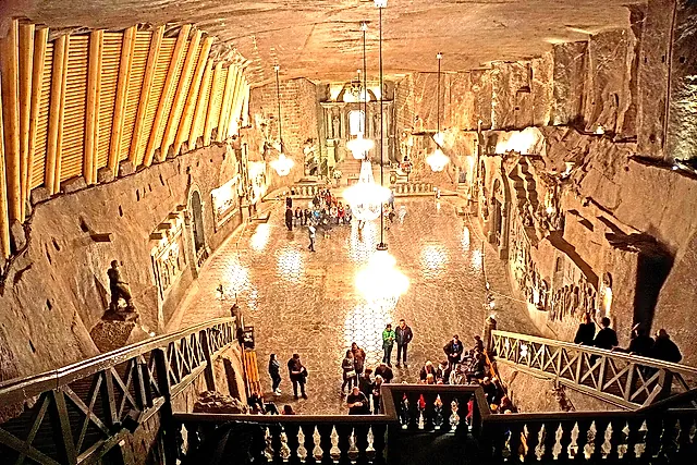 St Kinga's Chapel, carved in salt, with its chandeliers glowing below the vault